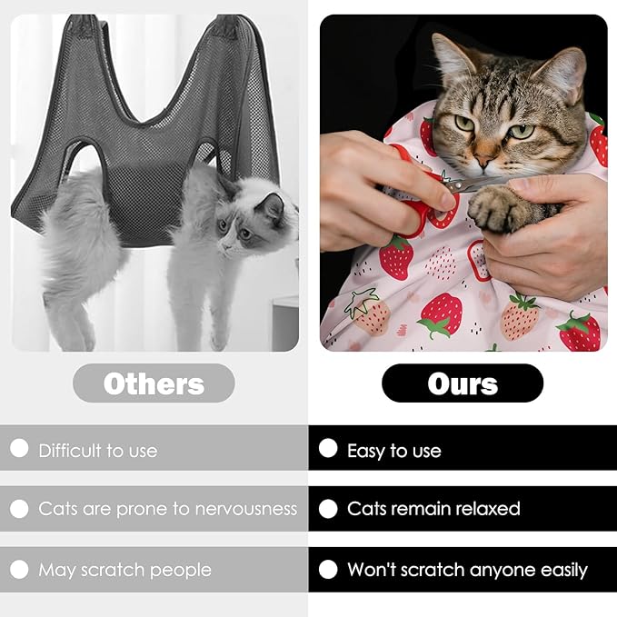 27.6"Cat Grooming Wrap, Self Adhesive Cat Wrap for Cutting Nails, Anti-Escape Cat Swaddle Wrap for Medicine Ear Cleaning, Strawberry Anti-Scratch Cats Burrito Restraint Blanket, Pet Tool (6-10 lbs)
