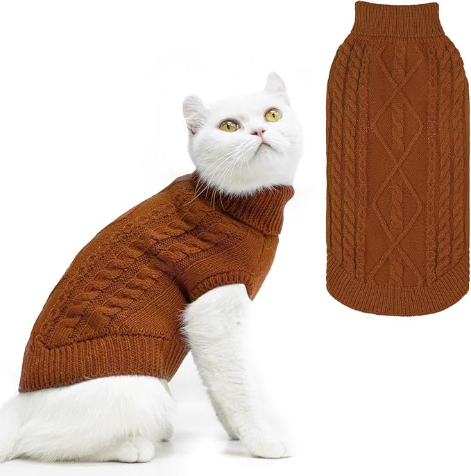 PUPTECK Winter Cat Sweater Coat - Soft Warm Cold Weather Clothes Knitwear for Kittens & Small Dogs Indoor Outdoor Wearing, Knitted Classic for Doggies Kitties Girls Boys, Brown, S