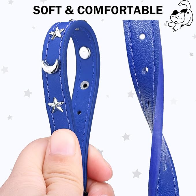 Leather Cat Collars for Boy Girl Cats with Bell and Safety Elastic Belt, Personalized Star and Moon Stud Adjustable Safe Buckle Collar for Kitty Small Big Cats Size 7-9 Inch, Blue