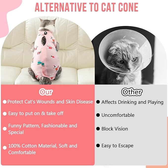 SlowTon Cat Recovery Suit - Cat Onesie for Cats After Surgery, Spay Suit for Abdominal Wounds, E-Collar Alternative Bodysuit Shirt Anti-Licking (Pink, L)