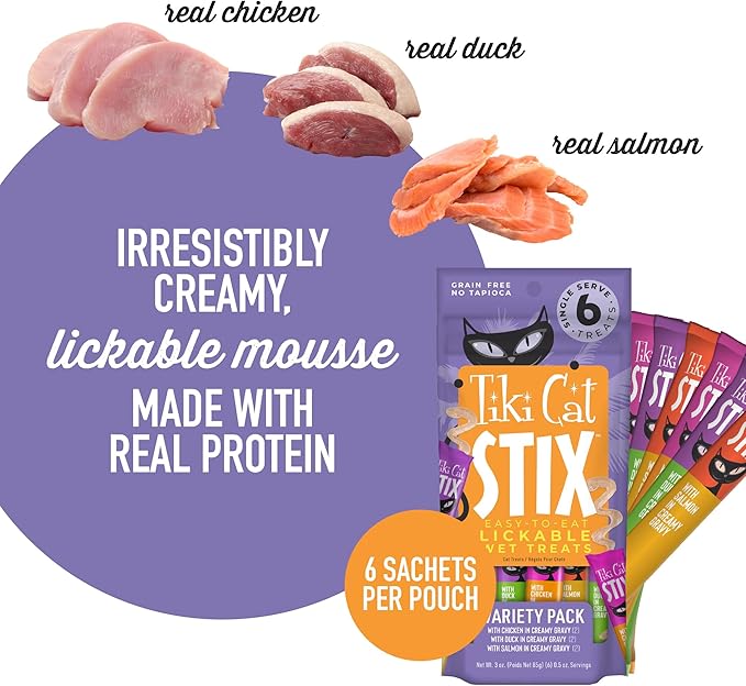 Tiki Cat Stix Mousse Treats, Single Serve Indulgent Lickable Treat or Dry Food Topper, Variety Pack with Salmon, Chicken, and Tuna, 3 oz. Pouch