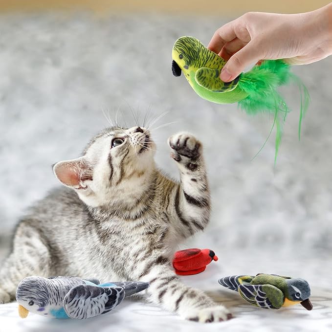 Cat Catnip Toys Interactive Cats 4pcs Kitten Plush Nip Chew Bird Toy with Crinkle Paper Pet Best Treats Stuffed Pillow Cute Teething Play Gifts Soft Kick Sound Supplies for Indoor Kitty