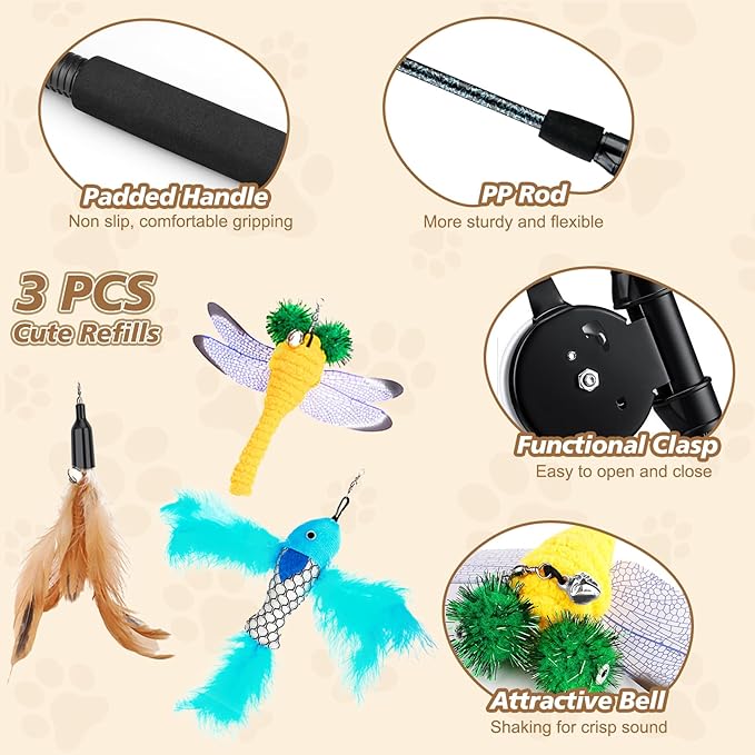 Pawaboo Cat Feather Toys, 4 Pack Interactive Cat feather Teaser Wand Toys, Retractable Fishing Pole Wand Catcher Exerciser with Refill Fish, Dragonfly Worm with Bells, Fun Cat Kitten Kitty Playing Toy