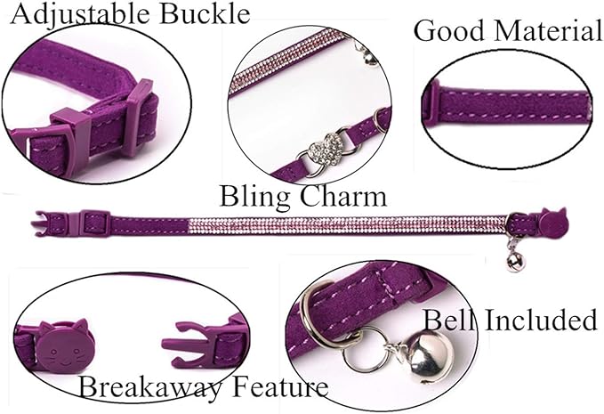 BoomBone Rhinestone Cat Breakaway Collar Pack of 2 Purple Kitten Collars with Bell