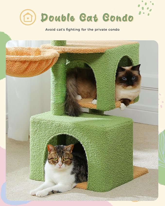 PEQULTI 43'' Cat Tree for Indoor Cats,Cat Tower Climbing Tree with Cat Scratching Posts, 2 Big Condos and Deep Hammock,Activity Tree for Kittens, Green