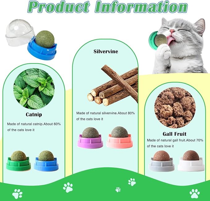 6PCS Catnip Balls for Cats Wall Edible Cat Toys with Catnip Silvervine Gall Fruit Flavors for Cat Lick Safe Teeth Cleaning Dental Cat Toy