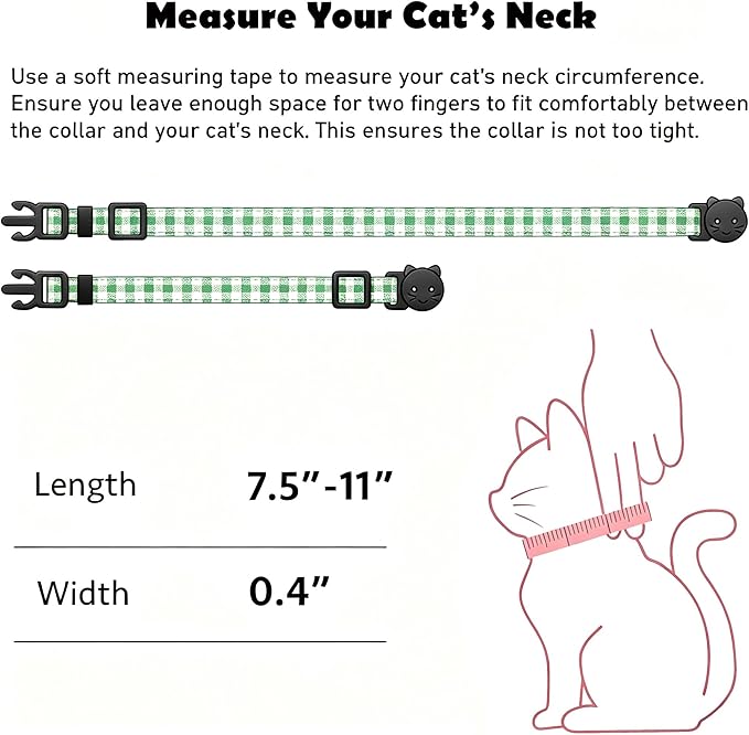 2 Pack Cotton Breakaway Cat Collars with Bell and Charms Green Solid Plaid Safety Collars for Girl Boy Cats, Cat Head and Paw Pendant Cute Kitten Collars