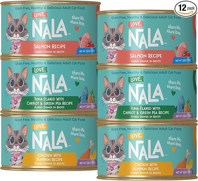 LOVE, NALA Natural Flaked Wet Cat Food Variety Pack – Salmon, Tuna with Carrot & Pea, Chicken with Pumpkin – Grain Free, Non-GMO, High Protein, Omega-3, Added Vitamins & Minerals, 12 Pack (2.4 lb)