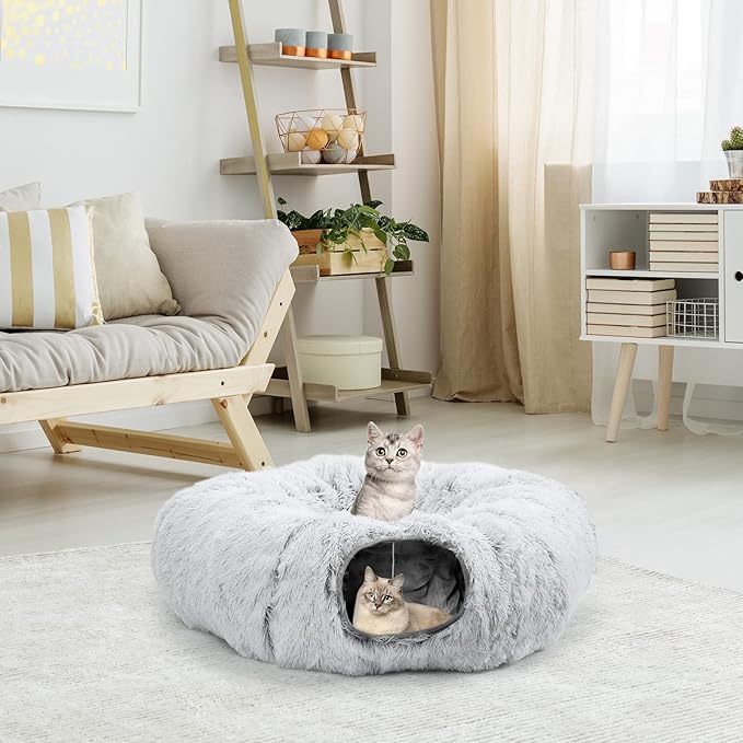 HAITRAL Plush 2-in-1 Cat Tunnel Bed,Cat Toys Cat Tube for Indoor Cats,Collapsible Washable Donut Cat Bed Cat Play Tunnel with Mat & Play Ball, Cat Cave Interactive Toys for Dog Bunny Cat Pet Supplies