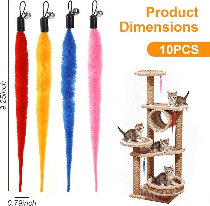 10PCS Cat Worm Toys, Colorful Interactive Cats Wand Attachment, Soft Worm Cat Toy for Teaser Play, Chase Exercise & Kitten Training