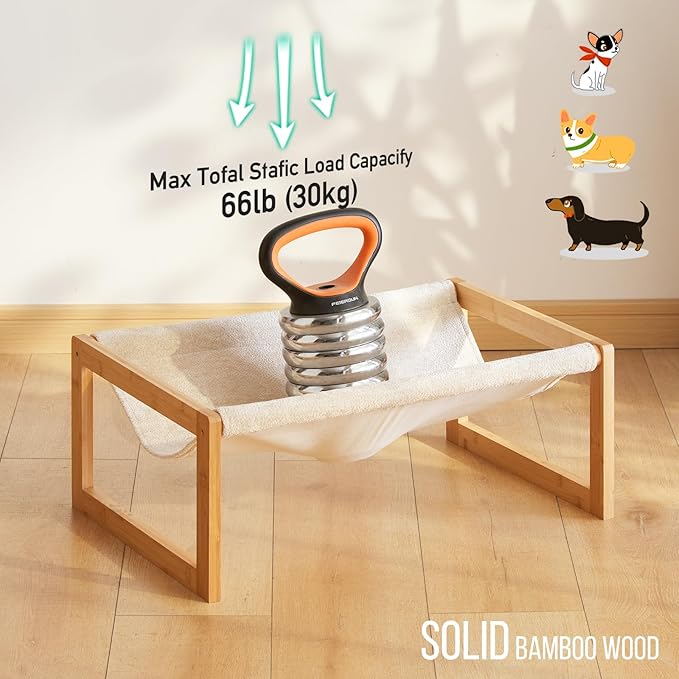 kiplant Elevated Cat Bed, Large Cat Hammock Bed, Bamboo Wood Cat Hammock for Outdoor, 25 X 16.5 Inch Elevated Pet Furniture Suitable for Kitty, Puppy, Rabbit, Bunny and Small Animal