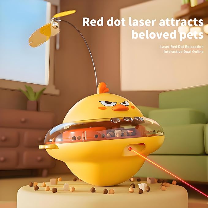 hooroor 4-in-1 Automatic Cat Toy Gift for Cat Owners, Interactive Laser & Feather Teaser with Bird Sounds, Treat Reward, Self-Balancing 360° Spinning Enrichment Exercise Toy for Bored Indoor Cats