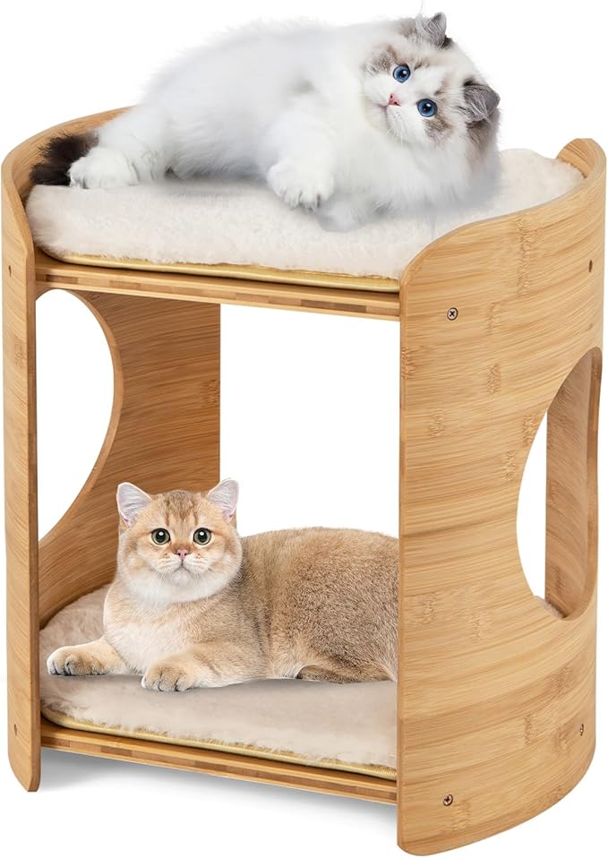 PETSITE 2-Tier Indoor Bamboo Cat Bed, Boho Cat Condo with Double Cat Beds, Removable & Washable Cushions, Minimalist Kitten Bed for Indoor Cats, 16 x 13 x 16 inch