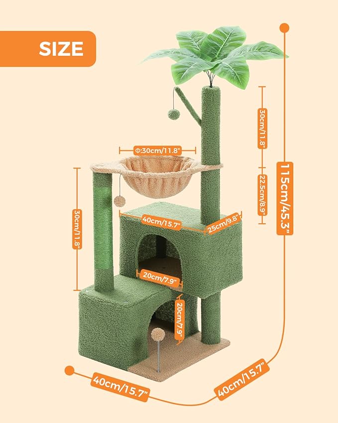 45-Inch Green Cat Tree with 2 Condos for Indoor Cats,Cat Tower with Scratching Posts for Small Cats,Cactus Cat Tree Tower with Hammock and Cat Toys