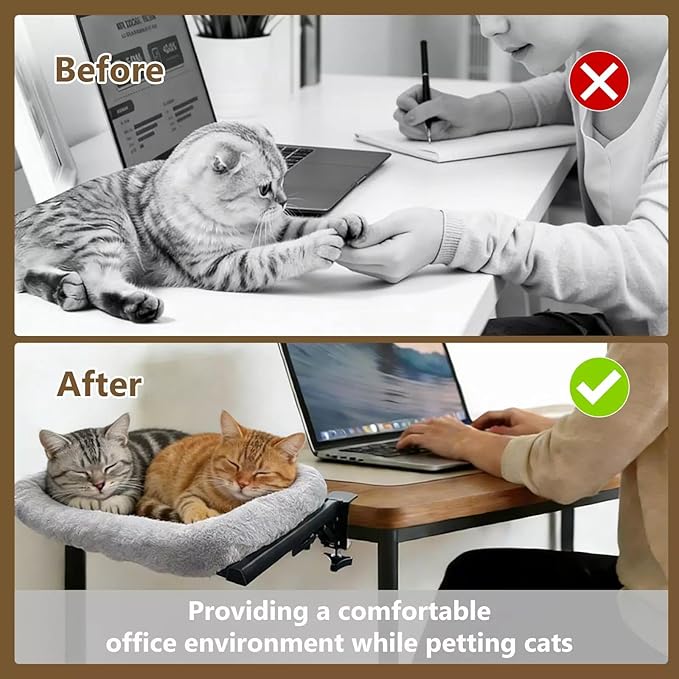 Cat Desk Bed for Home Office Worker Faux Rabbit Cushion Desk-Mounted Hammock Perch Foldable Desktop Space-Saving Clamp Mount Supports Indoor Cats Durable Removable Cover - Gray 21x17in