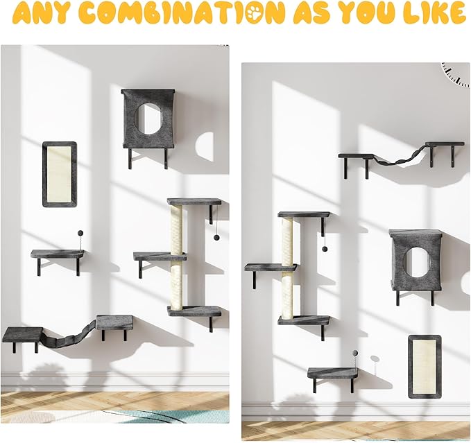 NUNU LAB Cat Wall Shelves, 10-in-1 Wall-Mounted Cat Furniture Set, Large Cat Climber Set with House, Bridge, Steps, Scratcher, DIY Playground, Shelves for Indoor Wall Furniture Set - Grey