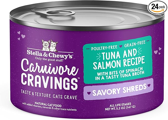 Stella & Chewy's Carnivore Cravings Savory Shreds - Wet Cat Food - High-Moisture Formula with Premium Real Meat - Perfect for Picky Eaters - Tuna & Salmon Recipe, 5.2 oz, 24 Count
