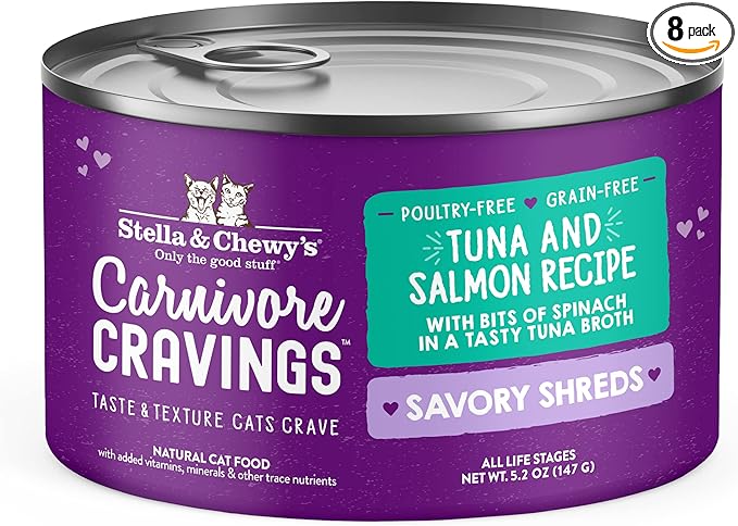 Stella & Chewy's Carnivore Cravings Savory Shreds - Wet Cat Food - High-Moisture Formula with Premium Real Meat - Perfect for Picky Eaters - Tuna & Salmon Recipe, 5.2 oz, 8 Count