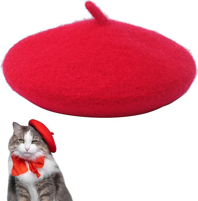 Dog Beret for Small Dogs Cat Doll, Colorful Wool Mini Cap Creative Accessories Costume French Mushroom Artist Fedora Hat Beanies Solid Color Pet Headwear Christmas Hair Accessory Photo Props (Red)