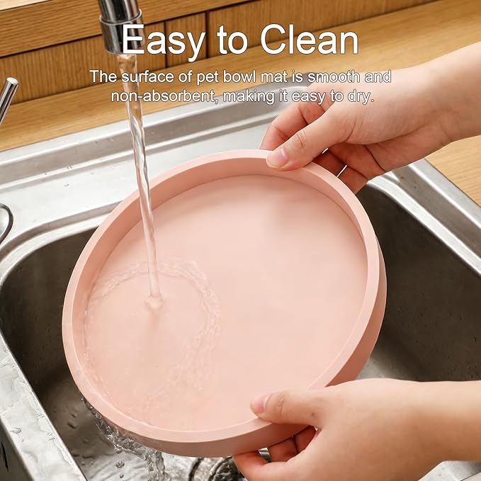 Pet Food Mat, Set of 2 Pink Silicone Feeding Mats - 7'' x 7'' Non-Slip Waterproof Bowl Mat with Raised Edge for Dog Cat, Prevent Food Water Spills, Easy Clean Tray