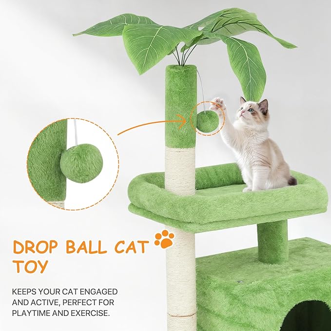 Cat Tree, 32 Inch Cat Tower with Scratching Posts, 1 Caves,1 Pompom,1 Hammock, Green Leaves and Cozy Condo, Cat House Cat Tree for Indoor Cats Large Adult - Green