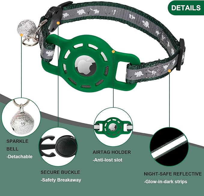 Reflective Cat Collar with Airtag Holder Breakaway Safety Airtag Kitten Collars with Bell for Male Female Boy Cats,Dark Green