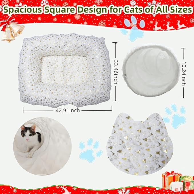 Extra Large Cat Tunnel Bed for Indoor Cats with Warm Mat, Cat Toys Cave Dount Tube for Xmas Decor White
