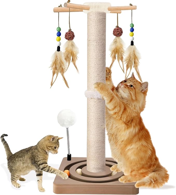 PAROTO Tall Cat Scratching Post, 33 Inch Sisal Cat Tree Tower Scratcher for Large Adult Indoor Cats, 2 Mounting Methods, Hanging Toys and Double Ball Track Activity Center