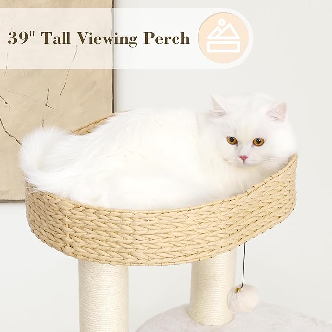 KAMABOKO 39 Inch Modern Cat Tree for Indoor Cats, Solid Wood Cat Tower with Natural Sisal Scratching Posts, Hand-Woven Cat Condo & Top Perch