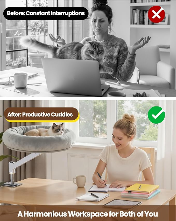 tomxcute Cat Desk Bed - Integrated Die-Cast Arm for Stability - 360° Rotation & Height Adjustable - 45 lbs Support - Cat Desk Perch for S/M/L Cat - Removable Washable Office Cat Bed with Wooden Base