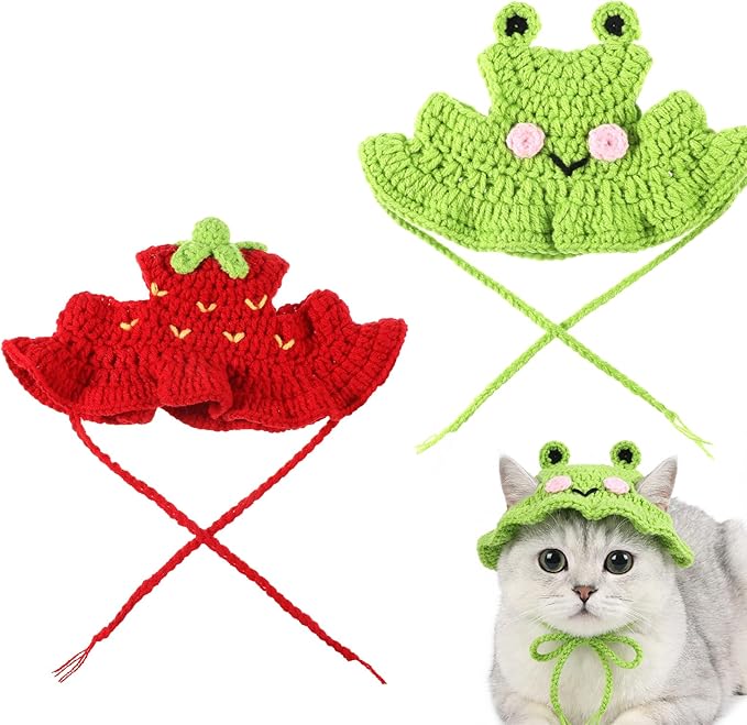 2Pcs Strawberry and Frog Cat Hat, Crochet Hats for Kitten Soft Cotton Cute Knitted Hat Christmas Birthday Halloween Party Costume Accessory for Kitten Small Pets