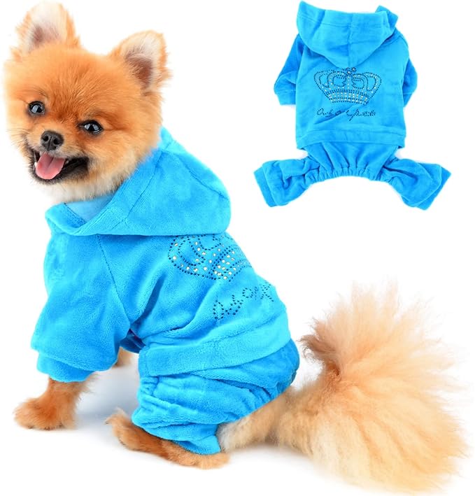 SEIMAI Dog Hoodies Jumpsuit for Small Dog Cat Puppy Rhinestone Crown Soft Velvet Autumn Winter Hooded Pajamas Tracksuit Outfits Sportswear Jacket with Hat Training Outdoor Blue XS