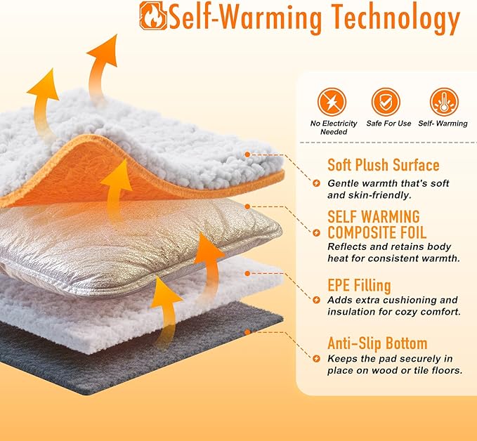 WanpeeGoo Self Warming Pet Bed for Cats & Dogs, Heated Pet Mat, 2.0 Upgraded Thermal Foil Heating Pad, Plush Self-Heating Bed for Crate, Floor, with Removable Washable Cover, Non-Slip, Gray, 18"x27"
