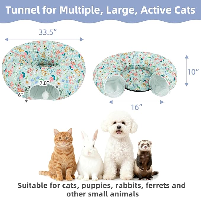Cat Donut Tunnel for Indoor Cats in Spring & Summer, Cute Cat Tunnel Bed for Large Small Cats, Multifunctional Peekaboo Cat Cave Long Circle Playground Toys for Kitty Puppy Rabbit Ferret,Floral Design