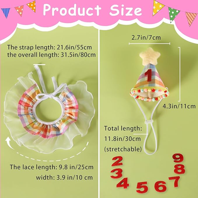 Cat Birthday Decorations- Pet Cat Dog Birthday Hat with Number Kitten Puppy Princess Costume Outfit Cute Lace Bandana Scarf Party Apparel for Small Medium Cats & Dogs