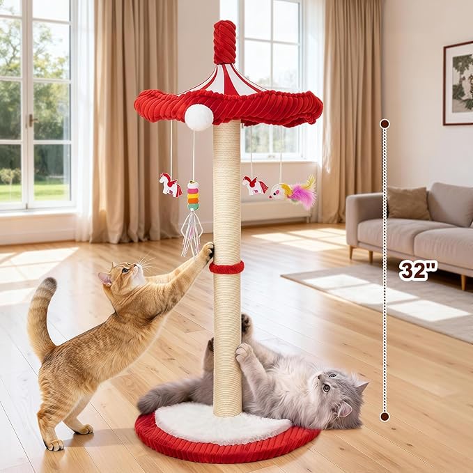 Carousel Interactive Cat Toys for Indoor Cats, 32" Tall Cat Scratching Posts for Indoor Cats Adults with Rotating Top, Cute Cat Scratch Post with Hanging Cat Toys, Medium