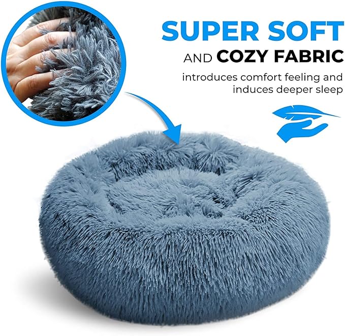 Whiskers & Friends Cat Beds for Indoor Cats, Fluffy Calming Donut Cat Bed, Small Dog Bed Washable - Orthopedic Soft Plush Pet Beds Sized for Kitten to Large Cats & Puppy to Small Dogs - Navy Grey 23''