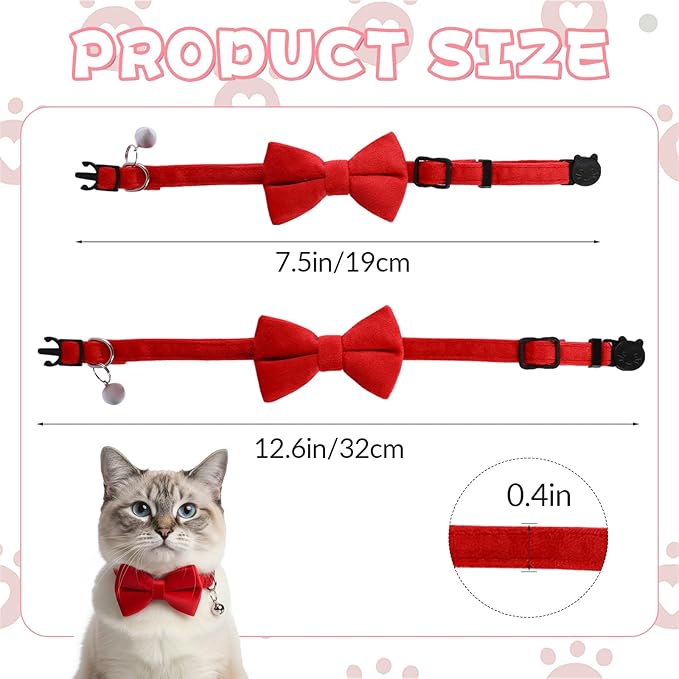 Trinkrittey 2 Pcs Solid Color Velvet Cat Collar with Bell and Removable Bowtie, Adjustable Breakaway Cat Collars Cute Cats Bow Tie Collar for Pet Wedding Party Halloween, Rose Red and Red