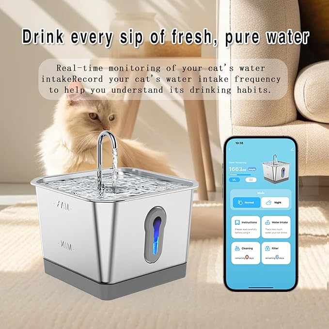 Cat Water Fountain Water Bowl Dispenser, 3.5l Stainless Steel Automatic Water Circulation Pet Water Dispenser with App Alert, Kitty Watering Pet Supplies