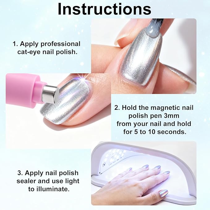 3 In 1 Cat Eye Nail Magnet, Cat Eye Gel Polish Magnetic Pen Versatile Magnet Tools Line & Heart Shaped Round Accessories for Home DIY Art Salon Studio