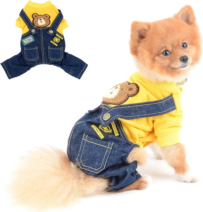 Dog Outfits for Small Dogs Boy Girl Spring Shirts Denim Bib Pants 2 Pockets Jumpsuits One Piece Apparel for Cats Puppies Chihuahua Clothes Adorable Overall for Medium Pet 4 Legs AutumnYellowXS