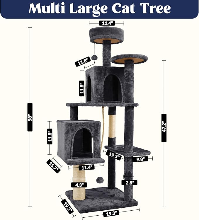 58 Inch Cat Tree Cat Tower for Indoor Cats Tall Cat Condos Scratching Post with Hanging Toy Furniture for Kitten Pets Play, Grey Black
