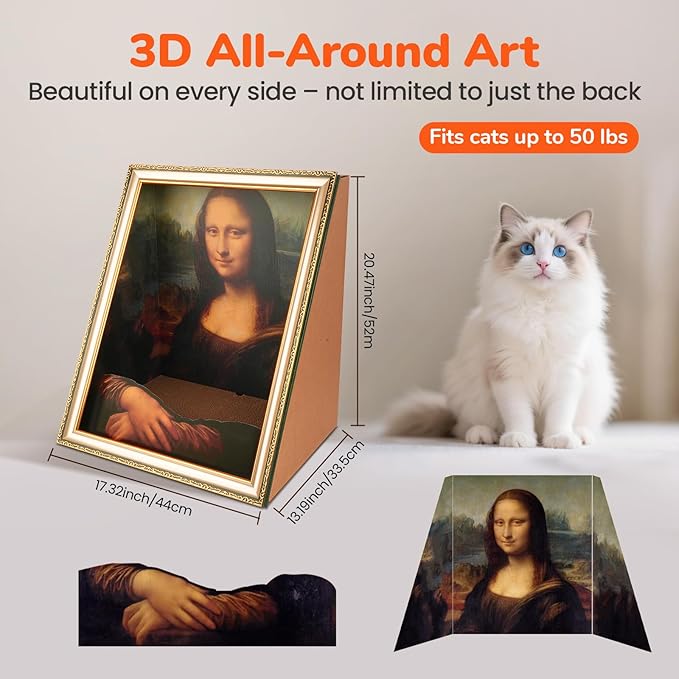 Themed Cardboard Cat House with Scratcher, Mona Lisa Cat Bed, Home Decor, 3-in-1 3D Kitten Houses & Condos for Indoor Cats, Easy Setup Hideout for Small Animals, Novelty Gift for Cat Pawrent