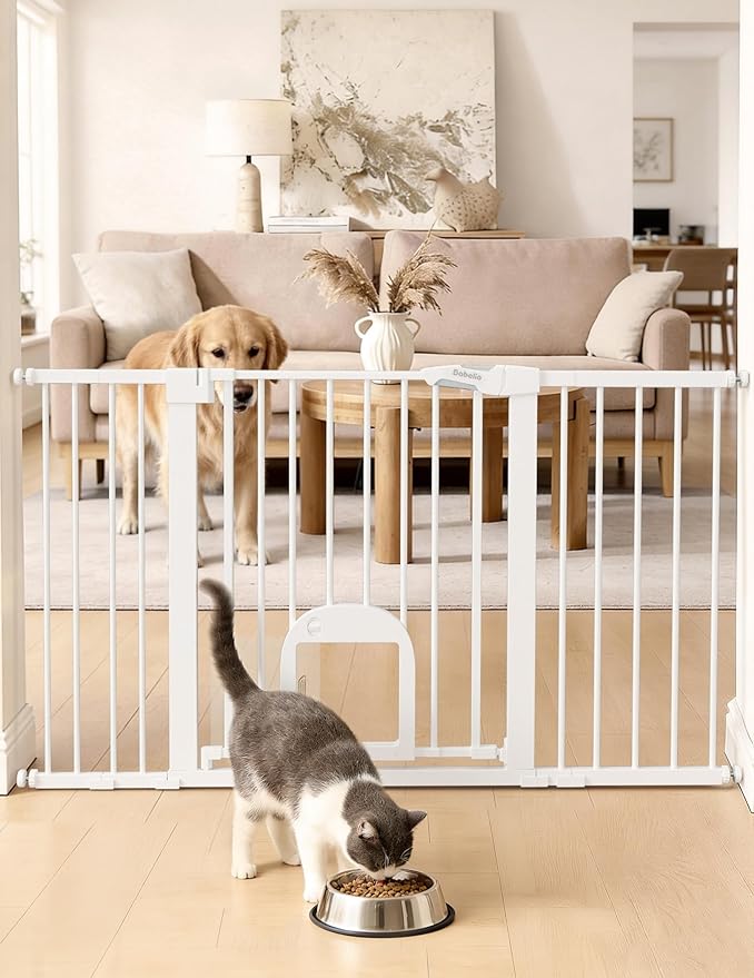 Babelio Baby Gate with Cat Door, CatPrivilege Ⅲ, Extra Wide 29-55" Cat Gate, 30" Tall Pressure Mounted Safety Gate for Large Openings, Stairs & Doorways, Auto Close, White
