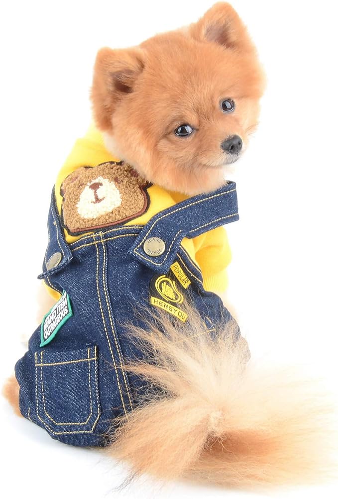 Dog Outfits for Small Dogs Boy Girl Spring Shirts Denim Bib Pants 2 Pockets Jumpsuits One Piece Apparel for Cats Puppies Chihuahua Clothes Adorable Overall for Medium Pet 4 legs Autumn Yellow L