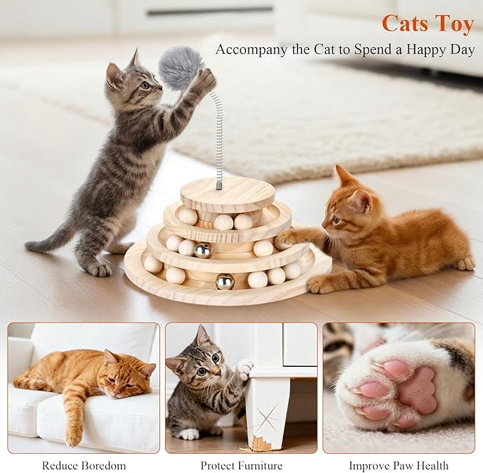 Large Upgraded Cat Track Ball Toy with Bell & Teaser Wand - 3-Layer Tower Roller, Interactive Wooden Cat Toy for Mental & Physical Exercise, Double Fun for Kittens & Adult Cats