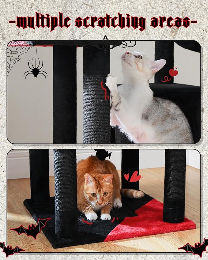MUTTROS Gothic Cat Tree for Large Cats, 70.9" Tall Black Cat Tower with Coffin Bed, Cat Condo, Sisal Scratching Posts & Top Perch, Spider Hanging Ball, Multi-Level Spooky Cat Tree, Halloween, Black