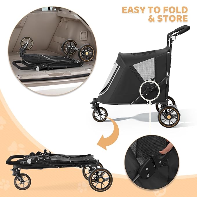 Magshion Pet Stroller for Medium Dogs w/Adjustable Handle, 3-Wheel Dog Cat Wagon w/Dual Entry, Rear Storage, Breathable Mesh, One-Foot Brake, Ideal for Large Pets up to 55 lbs, Black
