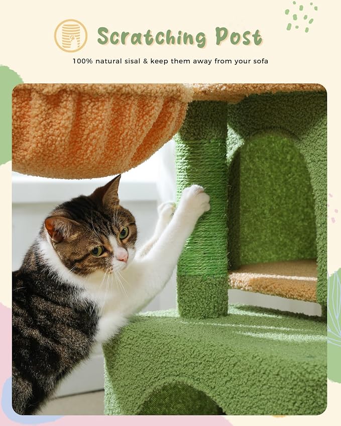 PEQULTI 43'' Cat Tree for Indoor Cats,Cat Tower Climbing Tree with Cat Scratching Posts, 2 Big Condos and Deep Hammock,Activity Tree for Kittens, Green