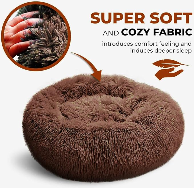 Whiskers & Friends Cat Beds for Indoor Cats, Fluffy Calming Donut Cat Bed, Small Dog Bed Washable - Orthopedic Soft Plush Pet Beds Sized for Kitten to Large Cats & Puppy to Small Dogs, Chocolate Brown